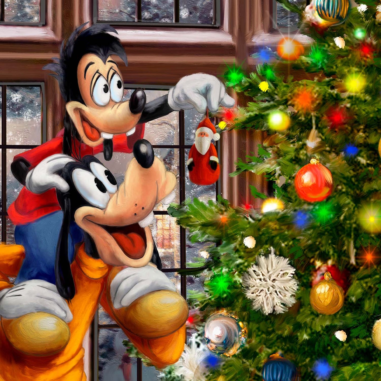 Disney Mickey and Minnie Trimming the Tree - 19.5" x 23.5" Disney Vignette (Satin Black Frame)